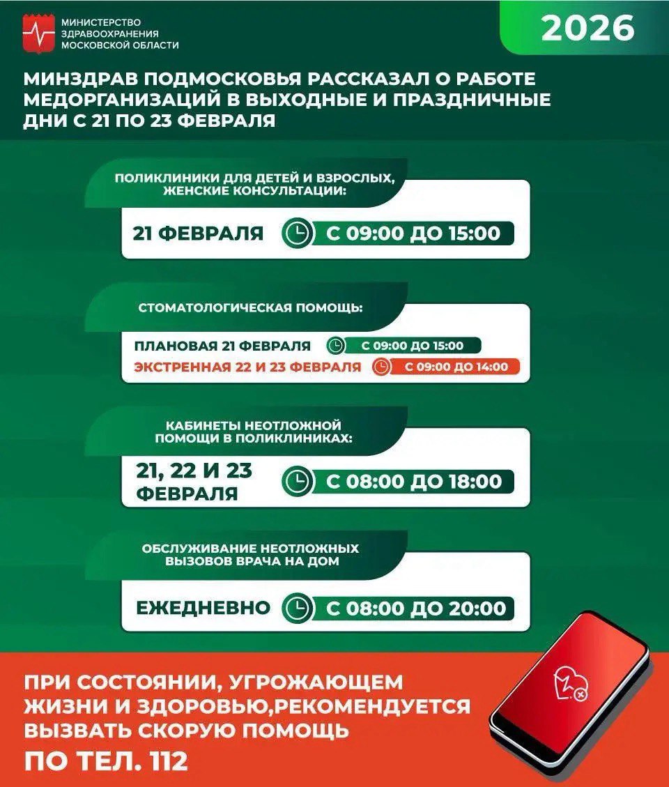 Серпуховичам сообщили график работы медицинских организаций Подмосковья с 21 по 23 февраля