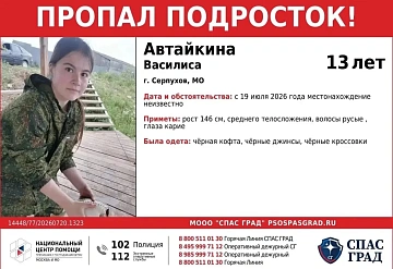 В городском округе Серпухов организованы поиски 13-летней Автайкиной Василисы